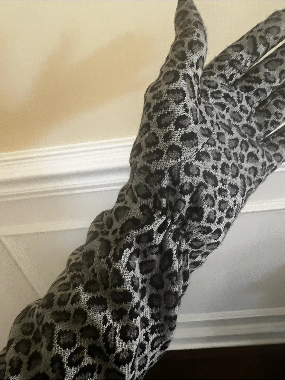 Gray/Black Leopard-Print Stretchy Knit Unlined Long Gloves.